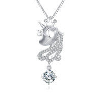 wholesale 925 Sterling Silver **enchanted Silver Unicorn Pendant Necklace With Moissanite Accents**-