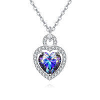 wholesale 925 Sterling Silver Elegant Heart-shaped Mystic Topaz Pendant Necklace With Moissanite Halo-