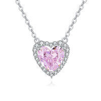 wholesale 925 Sterling Silver Elegant Heart-shaped Pink Gemstone Necklace With Zircon Accents On Silver Chain-