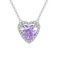 wholesale 925 Sterling Silver Elegant Heart-shaped Purple Gemstone Necklace With Zircon Accents-