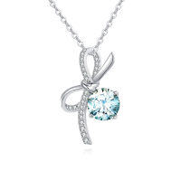 wholesale 925 Sterling Silver Elegant Silver Bow Pendant Necklace With Light Blue Moissanite Centerpiece-