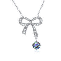 wholesale 925 Sterling Silver **elegant Moissanite Bow Necklace With Multicolor Gemstone Pendant**-
