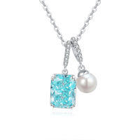 wholesale 925 Sterling Silver Elegant Silver Necklace With Square Blue Gemstone And Pearl Pendant-