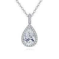 wholesale 925 Sterling Silver Teardrop Moissanite Halo Pendant Necklace In Platinum-plated Sterling Silver-