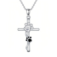 wholesale 925 Sterling Silver Paw Print Cross Necklace Wholesale With Clear And Black Stones-Paw Print