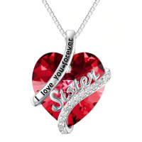 wholesale 925 Sterling Silver White Gold Plated I Love You Forever Sister Red Crystal Heart Necklace-01-Jan - Garnet