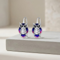 wholesale 925 Sterling Silver Owl Drop Earrings Platinum Plated Blue Purple Enamel Women Jewelry-0-2
