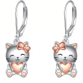 wholesale 925 Sterling Silver Cute Cat Heart Bow Drop Earrings Rose Gold Plated-0-0