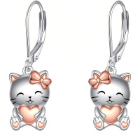 wholesale 925 Sterling Silver Cute Cat Heart Bow Drop Earrings Rose Gold Plated-Cat Leverback Earrings