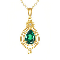 wholesale 14k Gold Teardrop Pendant Necklace With Green Gemstone And Lab Diamond Accent-Teardrop Emerald Necklace