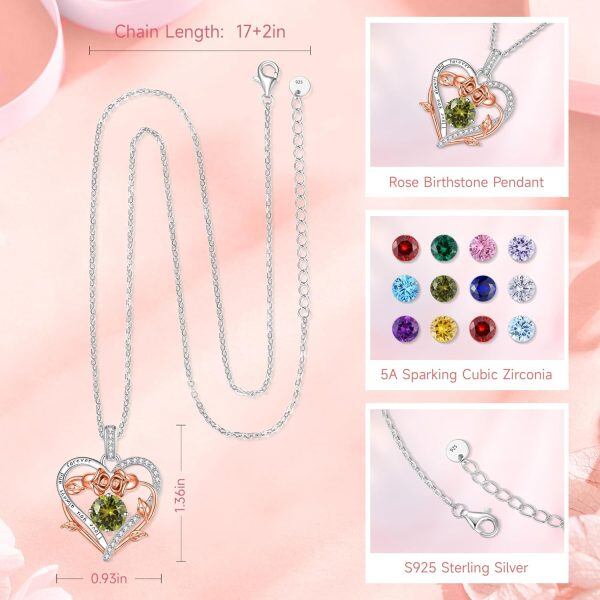 Sterling Silver Birthstone Heart Pendant Necklace-3