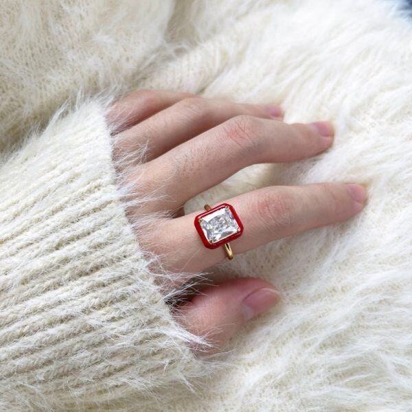 Sterling Silver Red Enamel Baguette Rings for Women-1