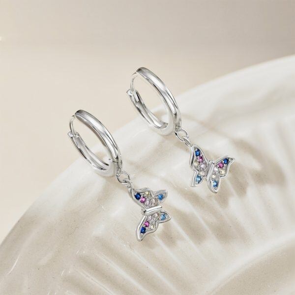 Sterling Silver Zirconia Butterfly Hoop Earrings-1