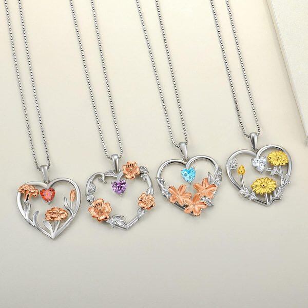 Sterling Silver Heart Birth Flower Necklace-3