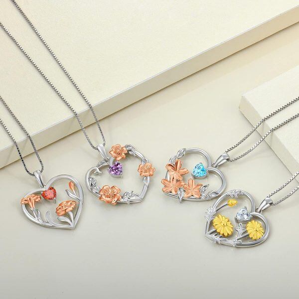 Sterling Silver Heart Birth Flower Necklace-4