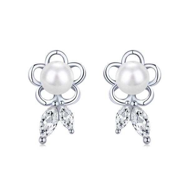 Sterling Silver Cultured Pearl Flower Stud Earrings-0