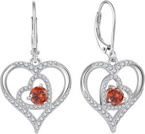 Sterling Silver Birthstone Heart Dangle Drop Earrings-0