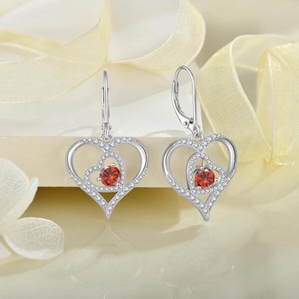 Sterling Silver Birthstone Heart Dangle Drop Earrings-3