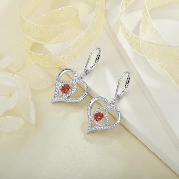 Sterling Silver Birthstone Heart Dangle Drop Earrings-4