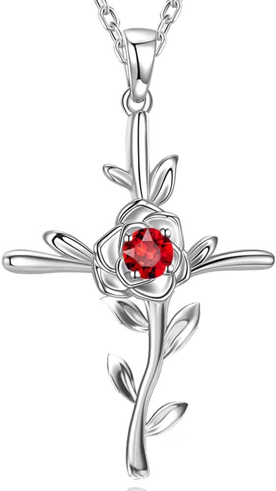 Sterling Silver Cross Rose Necklace-0