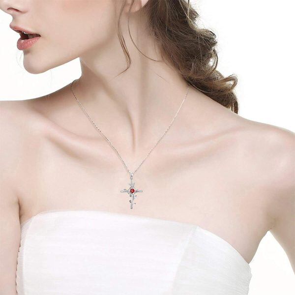 Sterling Silver Cross Rose Necklace-2