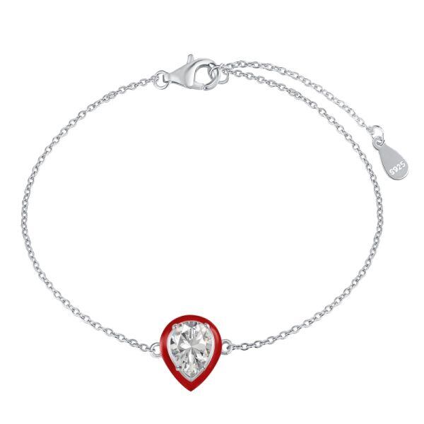 1.0 CT Sterling Silver Pear Cut CZ Red Enamel Charms Bracelet for Women-0