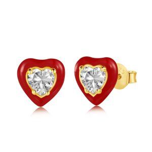 Sterling Silver Love Heart Stud Earrings with Red Enamel-0