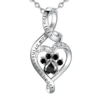 wholesale 925 Sterling Silver Heart-Shaped Black Crystal Dog Paw Print Pendant Necklace for Women- Rhodium Plated