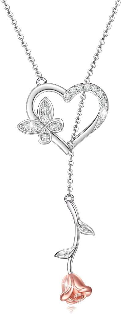 Sterling Silver Rose Heart Necklace-0