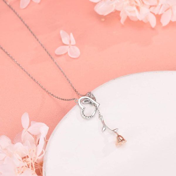 Sterling Silver Rose Heart Necklace-4