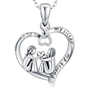 Sterling Silver Heart Sister Necklace-0