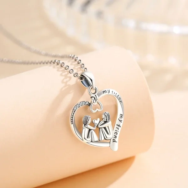 Sterling Silver Heart Sister Necklace-1