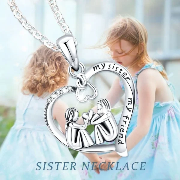 Sterling Silver Heart Sister Necklace-3