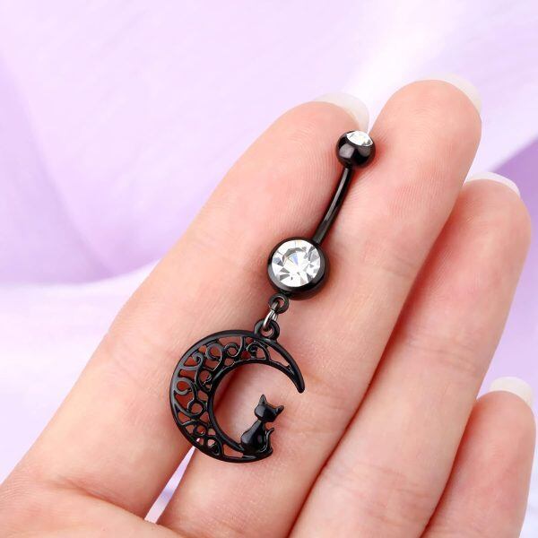 Black Moon Cute Cat Dangle Belly Button Rings Sterling Silver For Women Girls-1