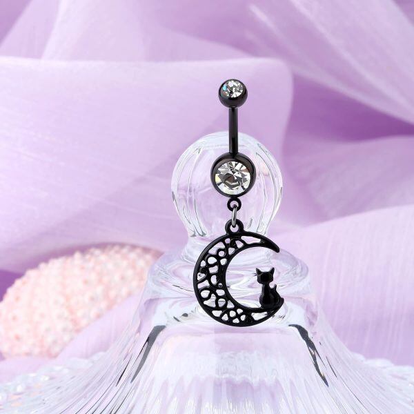 Black Moon Cute Cat Dangle Belly Button Rings Sterling Silver For Women Girls-2