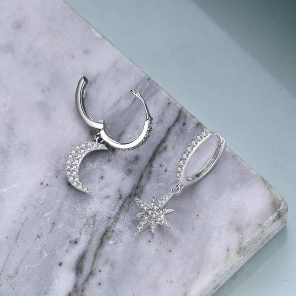 Sterling Silver Moon And Star Earrings-3