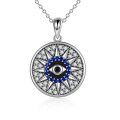 wholesale 925 Sterling Silver Round Compass Design Evil Eye Pendant Necklace with Blue Stones and CZs for Women-0-0