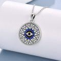 wholesale 925 Sterling Silver Round Compass Design Evil Eye Pendant Necklace with Blue Stones and CZs for Women-0-1