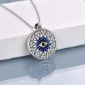 wholesale 925 Sterling Silver Round Compass Design Evil Eye Pendant Necklace with Blue Stones and CZs for Women-0-2