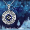 wholesale 925 Sterling Silver Round Compass Design Evil Eye Pendant Necklace with Blue Stones and CZs for Women-0-4