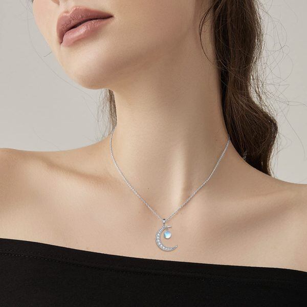 Sterling Silver Moonstone Moon Necklace-1