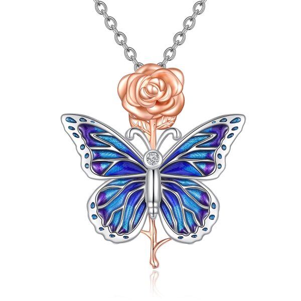 Sterling Silver Butterfly Rose Necklace-0