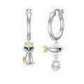 wholesale 925 Sterling Silver Cat and Fish Drop Earrings with Pearl Accents for Women-0-0