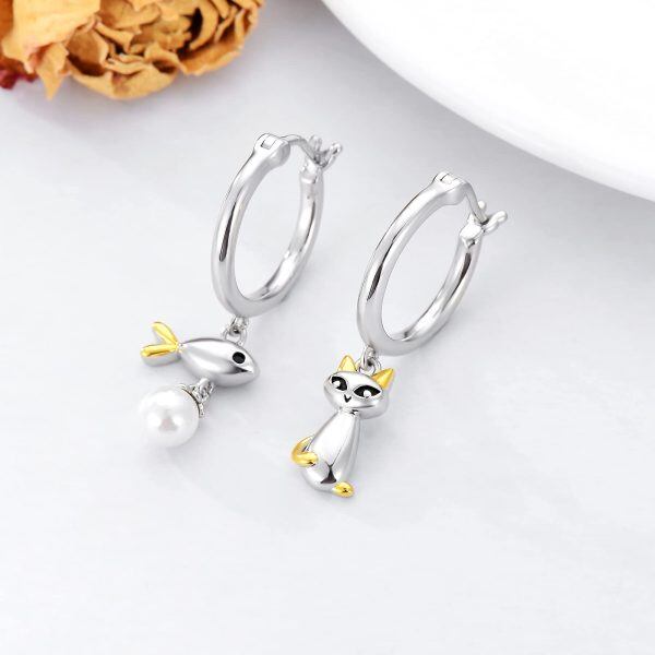 Sterling Silver Cat And Fish Earrings-3