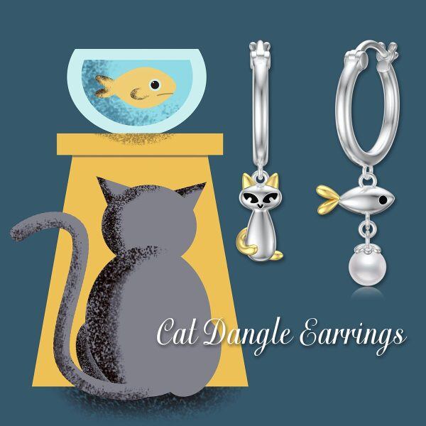 Sterling Silver Cat And Fish Earrings-5