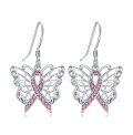 wholesale 925 Sterling Silver Pink Ribbon Crystal Butterfly Drop Earrings-0-0