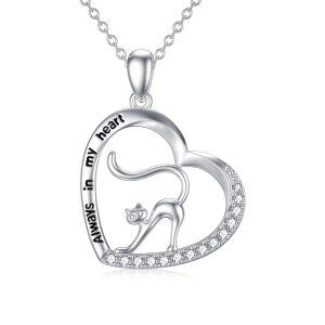 Sterling Silver Cat Heart Necklace-0