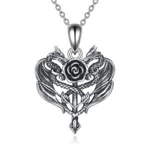 Sterling Silver Dragon Rose Necklace-0