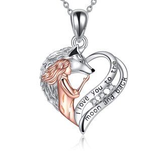 Sterling Silver Heart Wolf and Girl Necklace-0