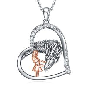 Sterling Silver Dragon And Girl Heart Necklace-0